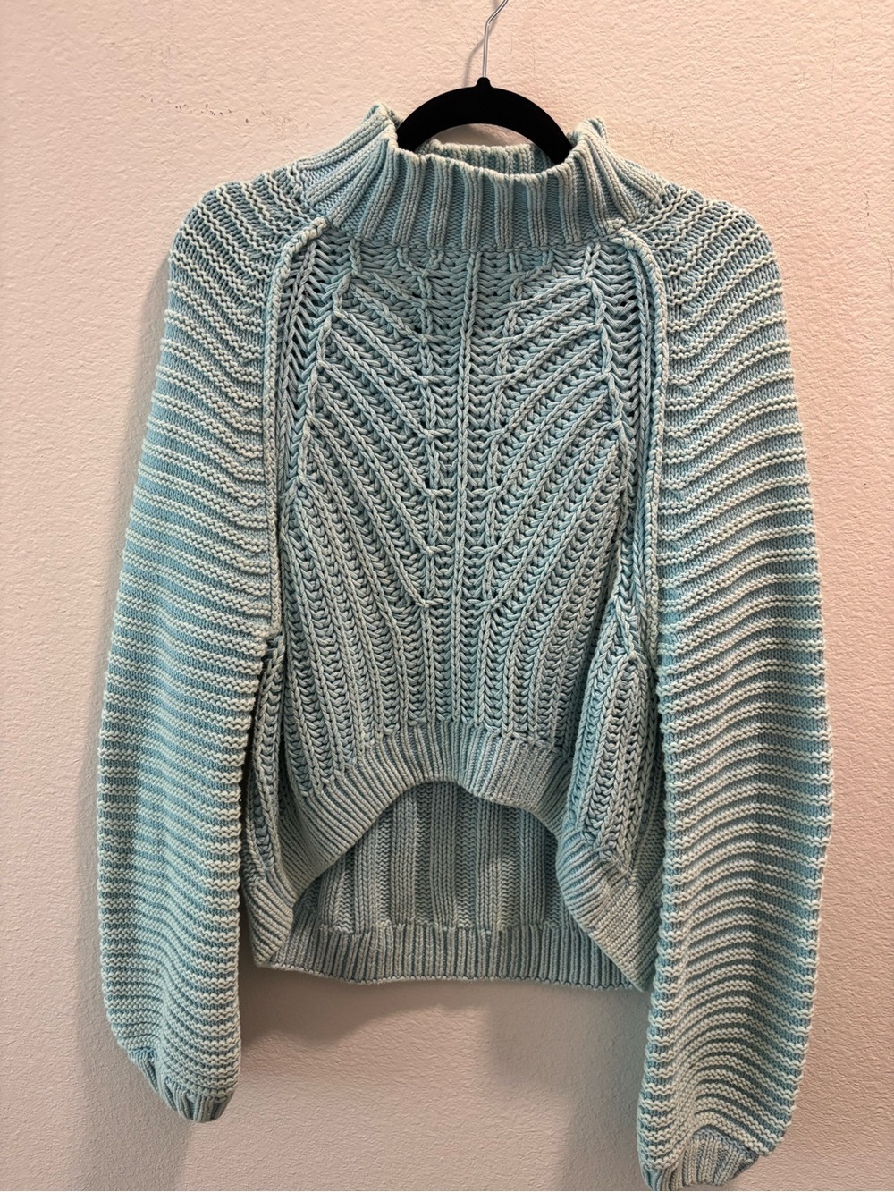 Free People Women's Blue Cable Knit Mock Neck Sweater, size S